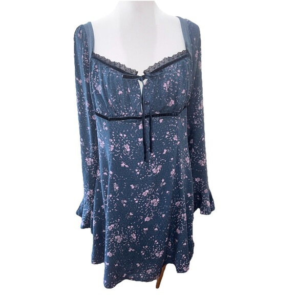 Free People Tess Mini Dress Boho Floral Lace Trim Velvet Tie Long Sleeve Blue L - Picture 2 of 12